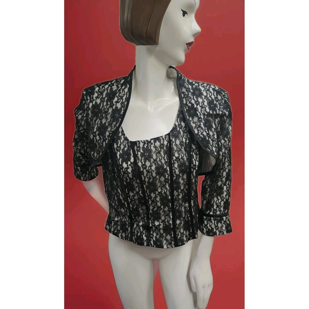 Vintage J.R. Nites‎ by Caliendo Top W/bolero Jacket Black Lace Over White Sz 10